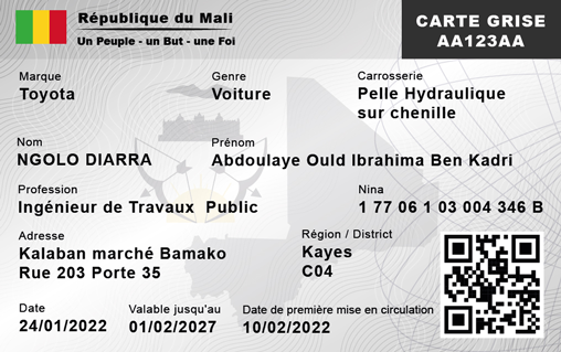Modèle malien de carte grise publié sur le site officiel de la DGT